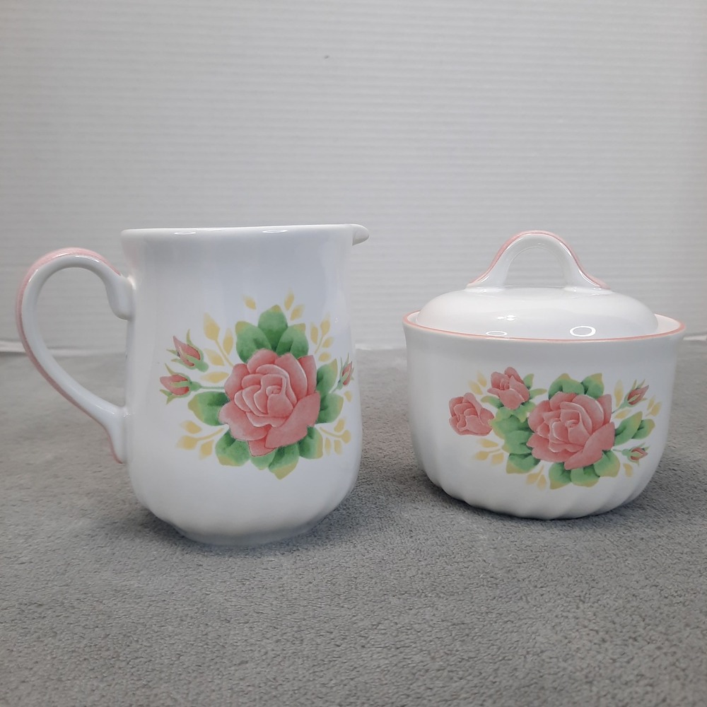 Corelle Coordinates‎ Elegant Rose Creamer and Sugar Bowl Set With Lid Stoneware